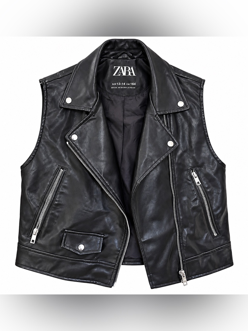 ZARA Kids 13-14 Kids (XL) Black Faux Leather Moto Vest with Silver Hardware